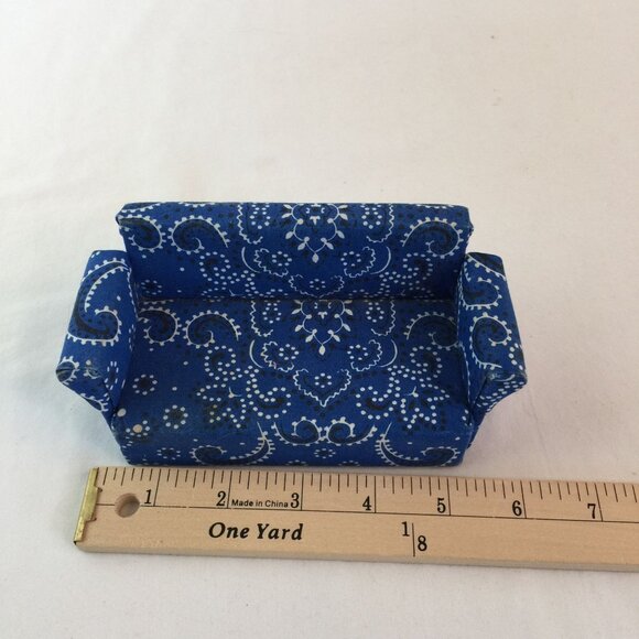 Miniature Dollhouse Blue Paisley Couch Arm Chair Set of 3 Wood Fabric Handmade - Picture 13 of 15